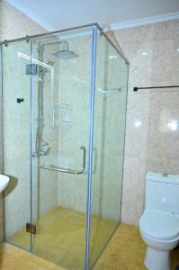 a bathroom with a glass shower with a toilet at Mayisyan Kamurj Hotel in Ijevan