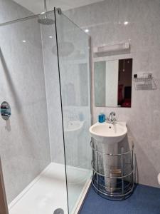 a bathroom with a shower and a sink at Creag Meggan in Ballater