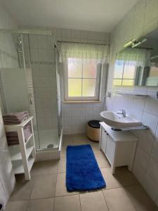 ein Bad mit einem Waschbecken, einer Dusche und einem Spiegel in der Unterkunft Haus hinter der Düne in Zingst