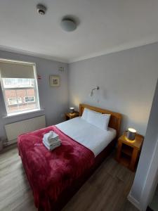 1 dormitorio con 1 cama con manta roja en The Bailey bar & lounge, en Athlone