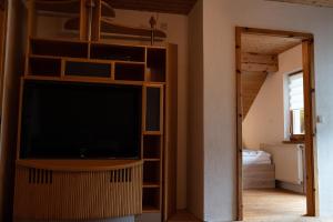 a living room with a tv and a book shelf at Appartement Haus Kruschitz II in Ludmannsdorf