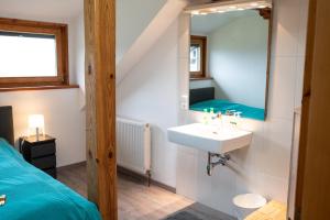 łazienka z umywalką, lustrem i łóżkiem w obiekcie Appartement Haus Kruschitz II w mieście Ludmannsdorf +21 zdjęć
