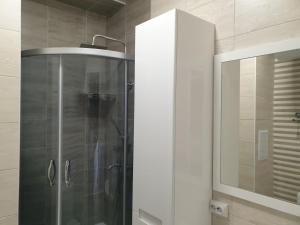 a shower with a glass door in a bathroom at Радуга Иссык-Куль in Chon-Sary-Oy