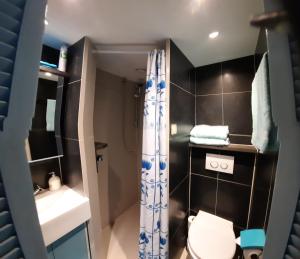 a bathroom with a shower and a toilet and a sink at Zeelucht in Zandvoort +30 photos