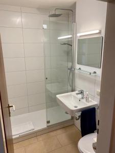 a bathroom with a glass shower and a sink at Apartment Colonia in Garmisch-Partenkirchen