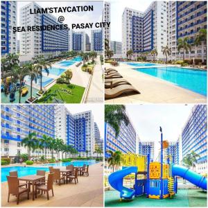 a collage of photos of a resort with a pool and a water slide at LIAM's Staycation in Manila