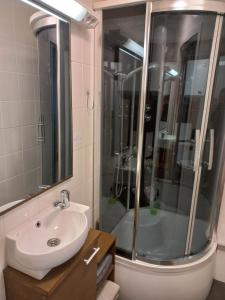 ein Bad mit einem Waschbecken und einer Dusche in der Unterkunft Old Town Apartment in Valga