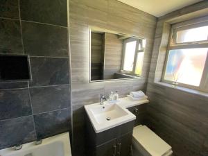 a bathroom with a sink and a toilet and a mirror at Luxurious high spec 1 bedroom apartment in London in Eltham