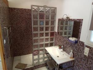 a bathroom with a sink and a glass walled shower at La Chambre Haute et son jardin dans les hauteurs de Nîmes in Nîmes +40 photos