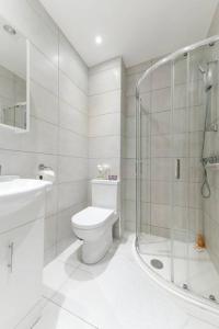 een badkamer met een toilet, een douche en een wastafel bij City Sparrow Nest -12W in Londen