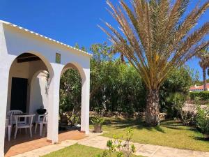 une maison avec un palmier et une terrasse dans l'établissement Ca n'Andrea - Magnifico chalet con jardin y piscina, à Ciutadella