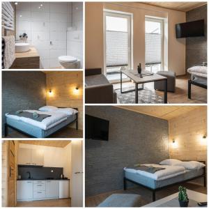 a collage of four pictures of a room at Apartamenty na Jurze in Siamoszyce
