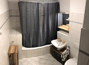 a bathroom with a shower curtain and a sink at Apartment Altstadt 2 in Pirna