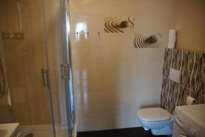 a bathroom with a shower and a toilet at Apartament Oliver in Darlowko