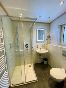 a bathroom with a shower and a toilet and a sink at Hotel garni Kleindienst in Ursensollen