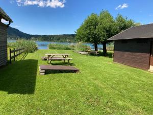 eine Gruppe Picknicktische im Gras in der Nähe eines Sees in der Unterkunft Ferienwohnungen Blazej am Turnersee in Sankt Primus am Turnersee
