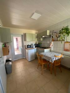 GutowにあるAm Ankerのテーブルと椅子と冷蔵庫のあるキッチン