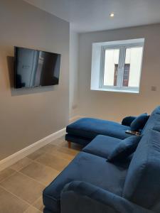 a living room with a blue couch and a flat screen tv at 8 Eyre Square Lane in Galway