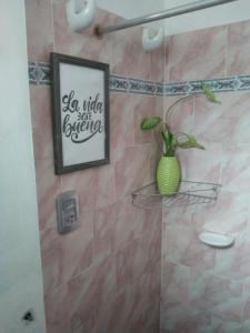 a bathroom with a shower with a vase on a wall at Monoambiente de la Costa in Victoria
