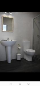 W łazience znajduje się umywalka, toaleta i lustro. w obiekcie Raiz Alentejana w mieście Reguengos de Monsaraz