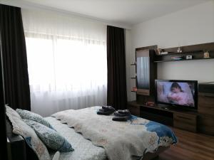 Aparthotel Laura في كلوي نابوكا: غرفة نوم بسرير وتلفزيون في غرفة