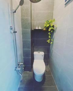 a bathroom with a toilet with a shower and a plant at LILY HOUSE( Mini home 2PN) in Quy Nhon