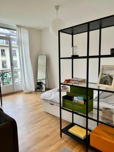 een slaapkamer met een bed en een plank met boeken bij Luxury Apartment in Central Geneva in Genève