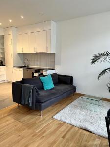 uma sala de estar com um sofá preto e uma cozinha em Luxury Apartment in Central Geneva em Genebra
