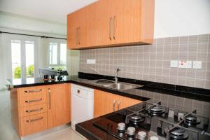 a kitchen with wooden cabinets and a sink at Crystal Bay View Apartment in Kalogrea