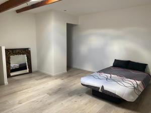 een slaapkamer met een bed en een spiegel bij Maison de vacances indépendante à Florensac, Hérault - 4 personnes in Florensac