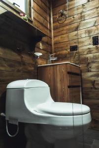 BoyacáにあるBluGlamp PlayaBlancaの木製の壁のバスルーム(トイレ付)