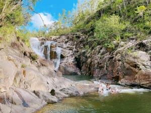 a group of people swimming in a river with a waterfall at Yellow Belly Backpackers in San Ignacio