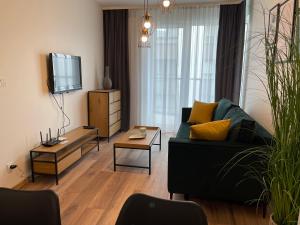 ein Wohnzimmer mit einem schwarzen Sofa und einem TV in der Unterkunft NEWPORT Industrial Apartment in Warschau