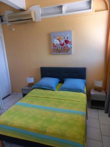 a bedroom with a bed with blue and green sheets at Maison du bien etre Baie mahault in Baie-Mahault