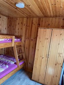 a wooden cabin with two bunk beds in it at Domek Letniskowy Octopus I in Bobolin