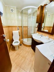 a bathroom with a toilet and a sink and a shower at Apartment Blue in Sveti Stefan +13 photos