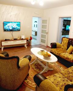 a living room with chairs and a table and a tv at Apartments Manitovac M in Nikšić