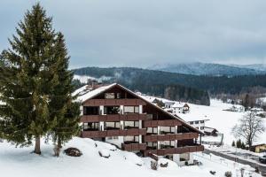 a large building in the snow with a tree at Landhotel Magdalenenhof GbR in Zwiesel