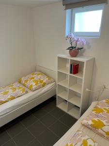 a bedroom with two beds and a window and a shelf at FeWo Haus 4 in Lahr