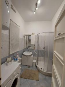 een witte badkamer met een douche en een wastafel bij Apartment Yes in Zadar