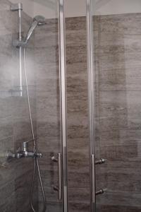 a shower with a glass door in a bathroom at Nature House with a wooden porch - Pasika, house Tonka in Pučišća