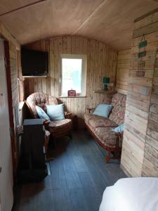 a room with two couches and a television in a cabin at orchard meadow shepherd huts leek-buxton-ashbourne in Upper Elkstone