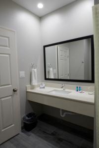 a bathroom with a sink and a large mirror at Crystal Inn in Baytown