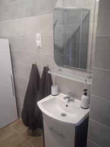a bathroom with a sink and a mirror at Przytulny apartament w sercu Karkonoszy in Jelenia Góra