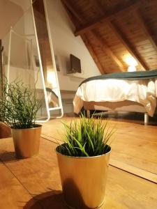 twee potplanten in een kamer met een bed bij Casa do Tejo de Alcochete in Alcochete