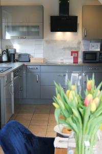 a kitchen with blue cabinets and a table with a plant at Ferienhaus CLARNI in Sankt Wendel