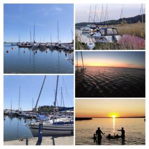 a group of four pictures of boats in the water at Apartament Żeglarski Wilkasy in Wilkasy