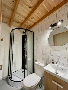 Annexe des Pins - studio gîte avec piscine & climatisation في فيلنوف ليه بيزييه: حمام مع دش ومرحاض ومغسلة