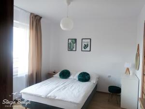 Un dormitorio con una cama con almohadas verdes. en Stacja Bałtyk, en Karwia
