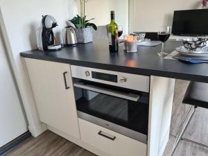 a kitchen with a counter with a stove top oven at Tiny house in de Achterhoek in Voorst